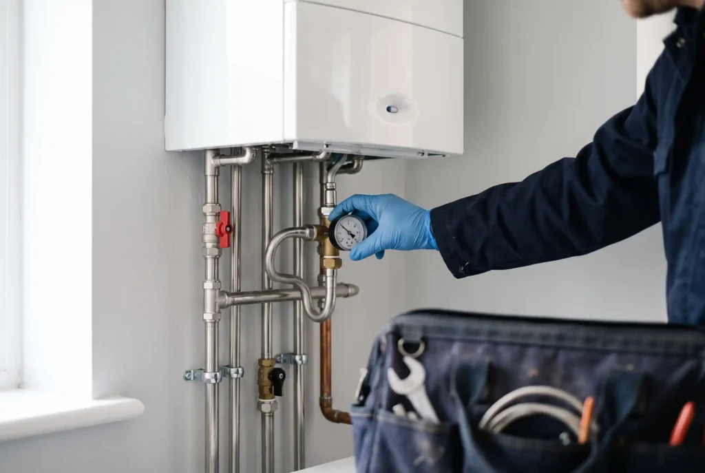 Gas engineer checking boiler pressure during a domestic boiler service in Essex