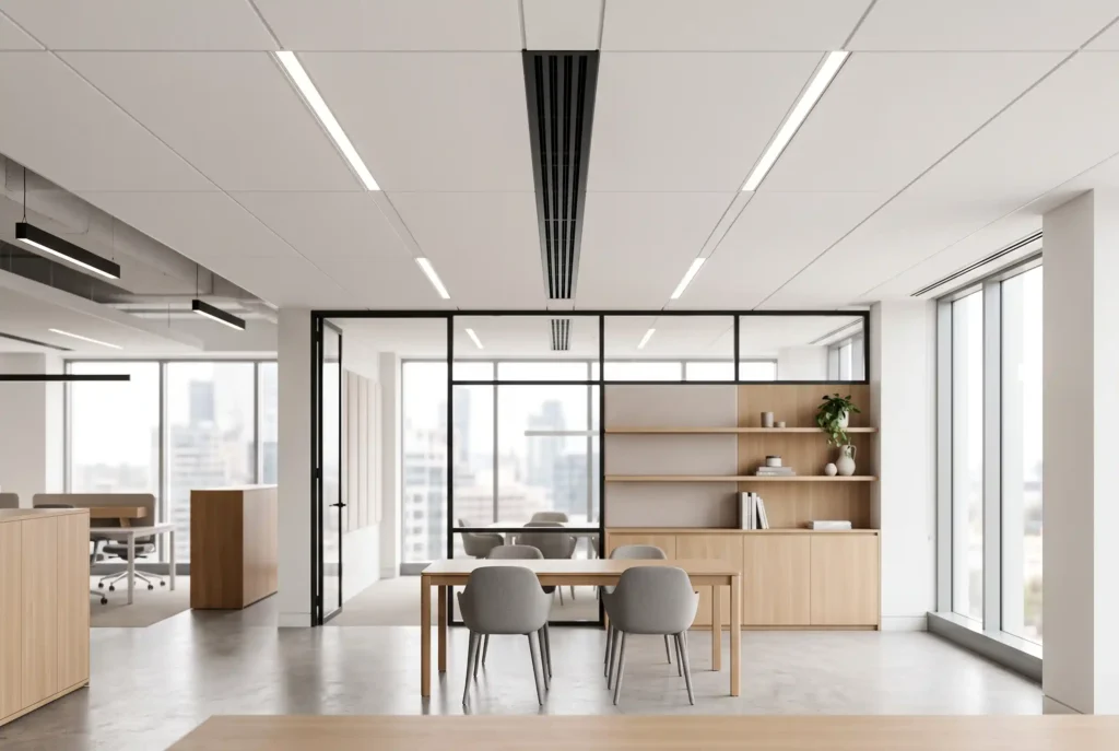 Commercial ducted air conditioning ceiling diffuser installed in a modern office with suspended ceiling and concealed ventilation system.